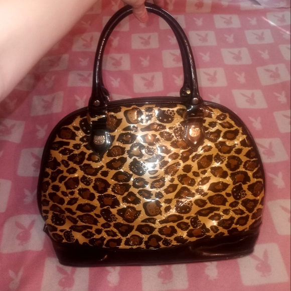 Loungefly Hello Kitty Cheetah Print Patent Leather Large Bowler Bag Purse - Picture 8 of 16
